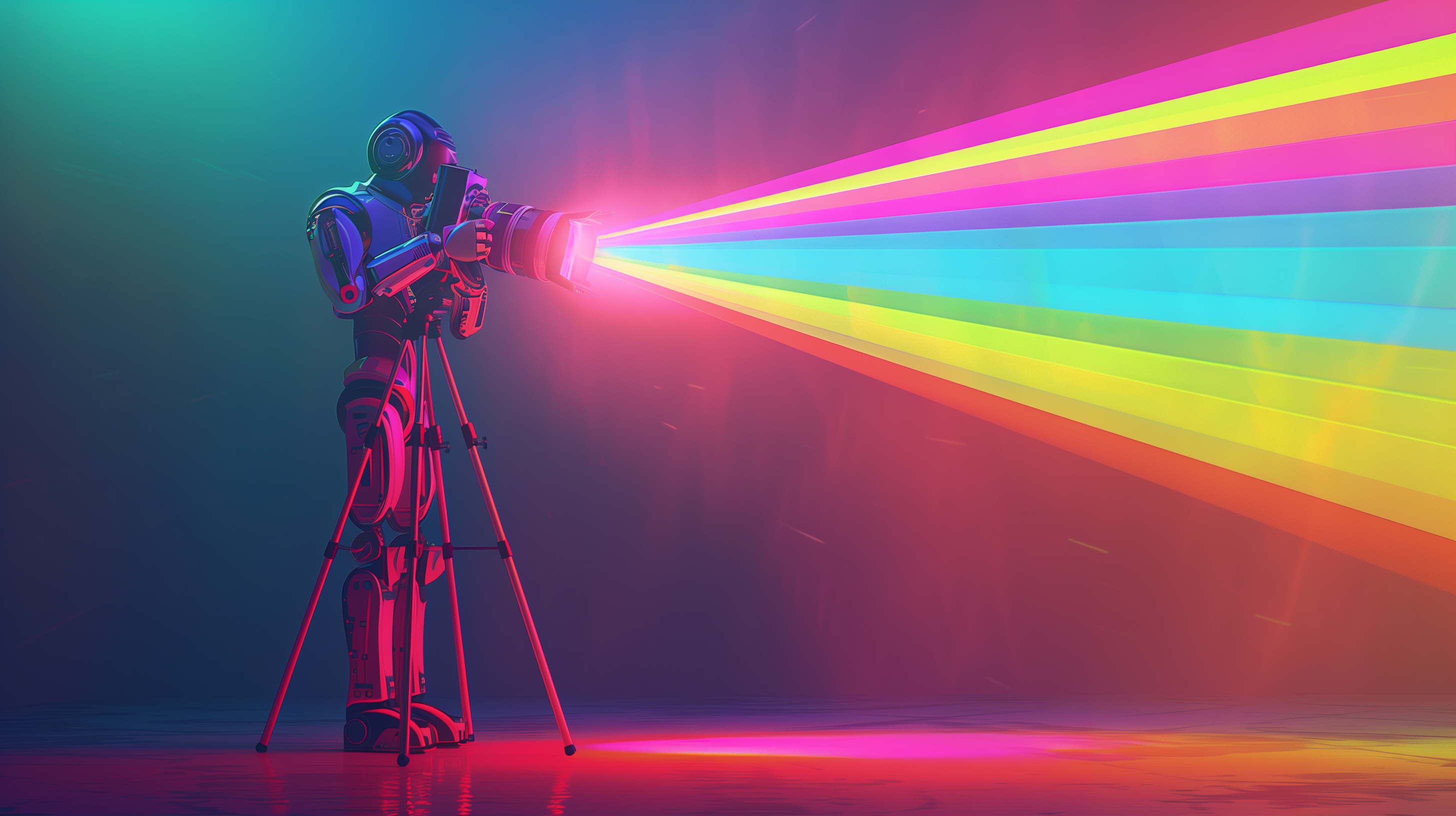 A robot stands behind a movie camera mounted on a tripod beaming out rainbow rays of light.