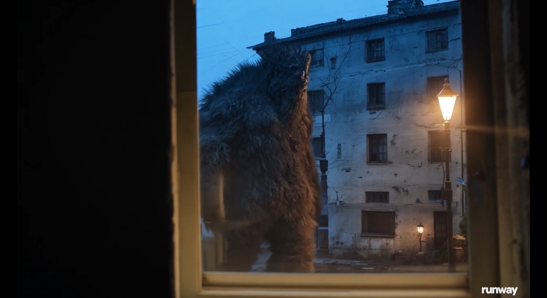 Gen-3 Alpha sample video from Runway ML showing a monster walking through an urban courtyard.